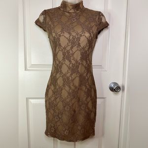 SOLD- Tan / Nude body-con lace dress with high neck